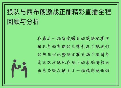 狼队与西布朗激战正酣精彩直播全程回顾与分析